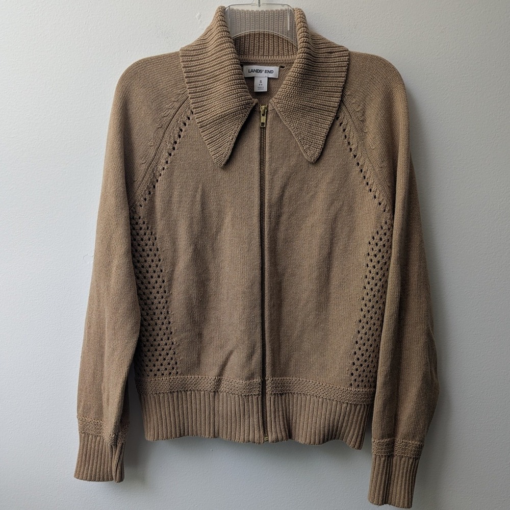 Lands End Cardigan Sweater Tan Zip Front Pointelle Pointed Collar Sz S Classic